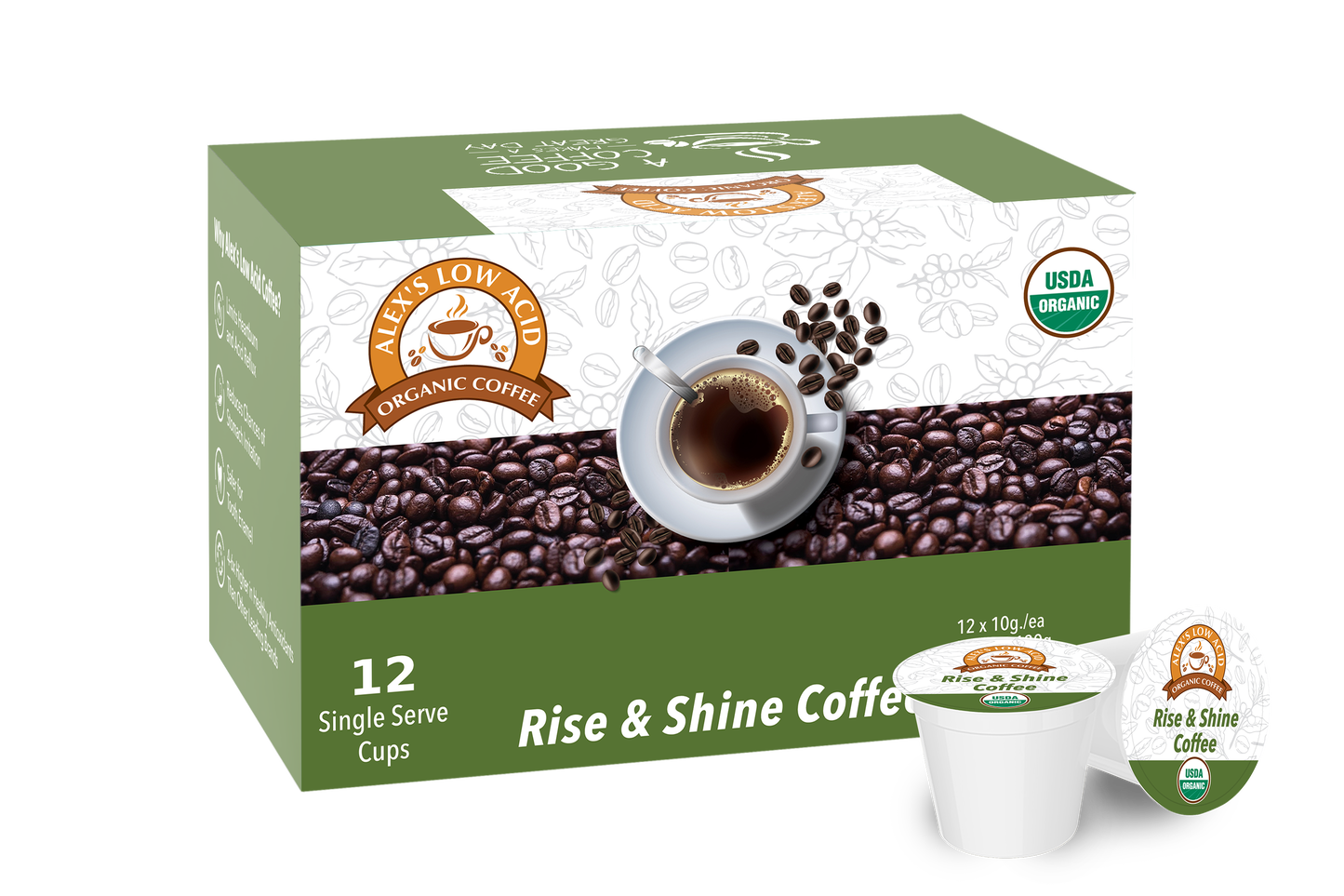 A box of Alex's Low-Acid Organic Coffee™ K-Cups - Rise & Shine by Alex's Low Acid Coffee, featuring 12 single-serve pods for heartburn relief. The packaging shows coffee beans, a cup, the USDA Organic label, and one pod in front.