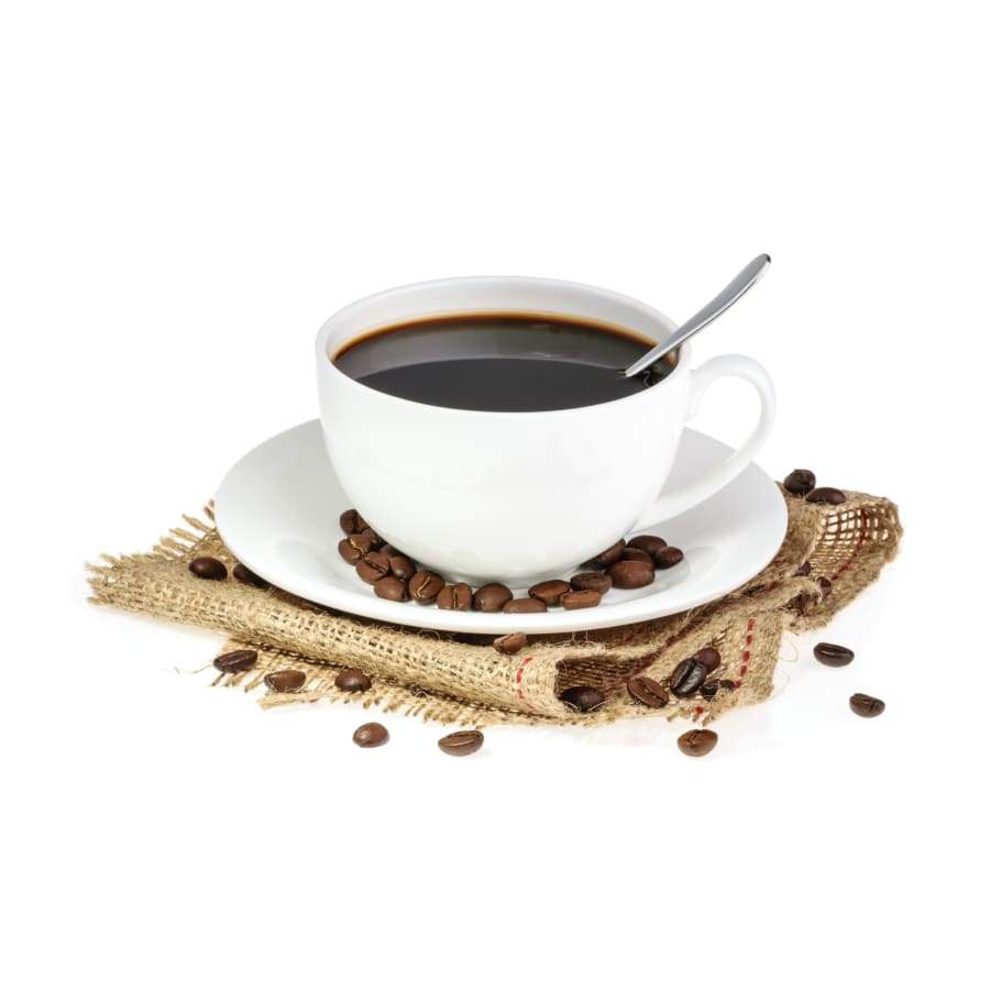 A white cup of Alex's Low-Acid Organic Coffee™ Caffeine Fiend Single Serve from Alex's Low Acid Coffee sits on a saucer with a spoon. Coffee beans are scattered on the saucer and burlap cloth, set against a white background.