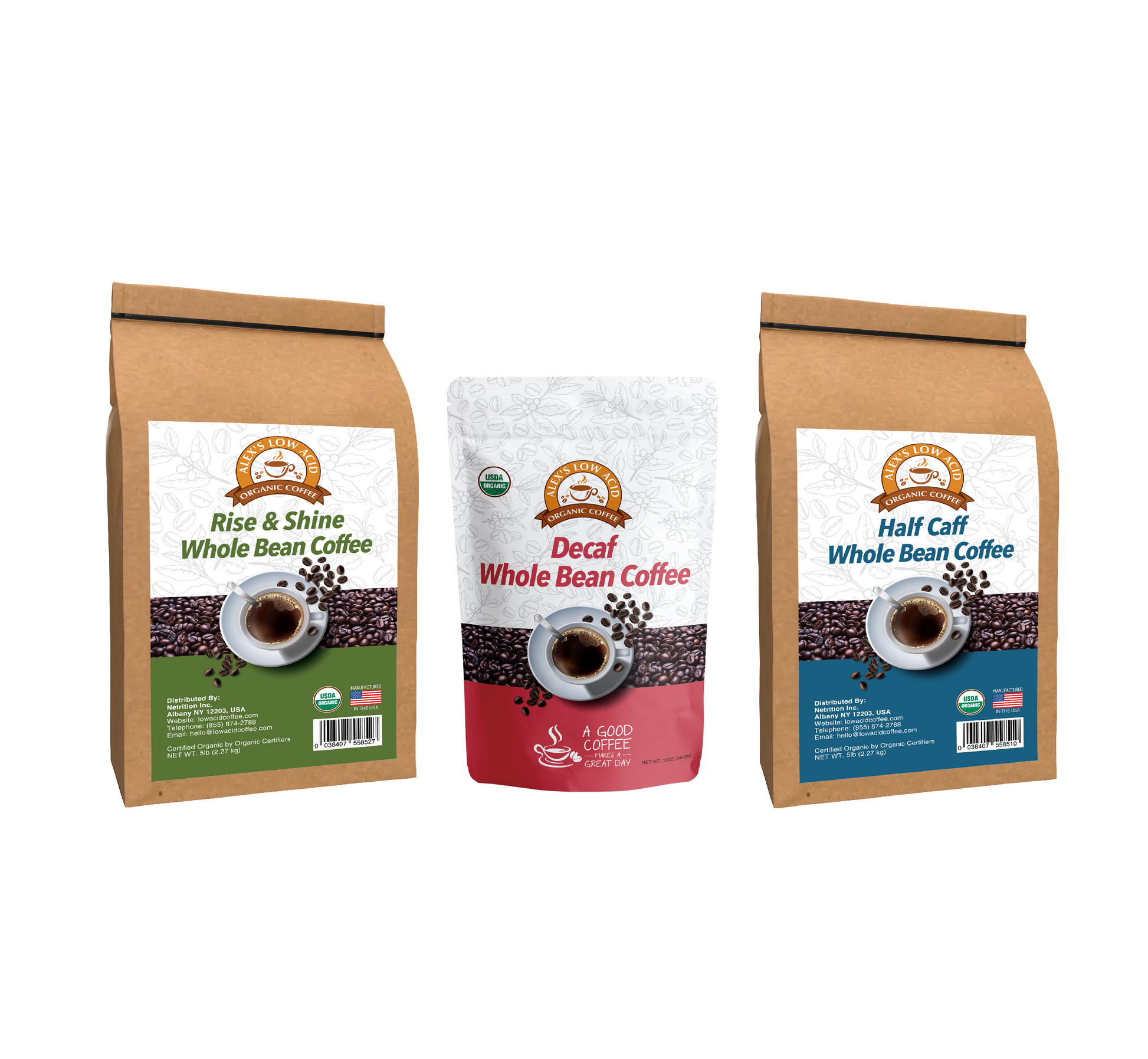 Alex's Low-Acid Organic Coffee™ All Day Drinker Whole Bean Variety Pack by Alex's Low Acid Coffee includes Rise & Shine, Decaf, and Half Caff blends in brown or white/red bags.