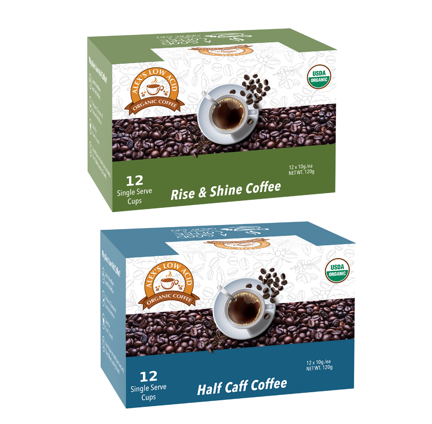Enjoy smooth, convenient coffee anytime with Alex's Low-Acid Organic Coffee™ Breakfast + Lunch K-Cup Variety Pack from Alex's Low Acid Coffee, featuring USDA organic K-Cups in Rise & Shine (green) and Half Caff (blue) varieties with coffee beans and cups.