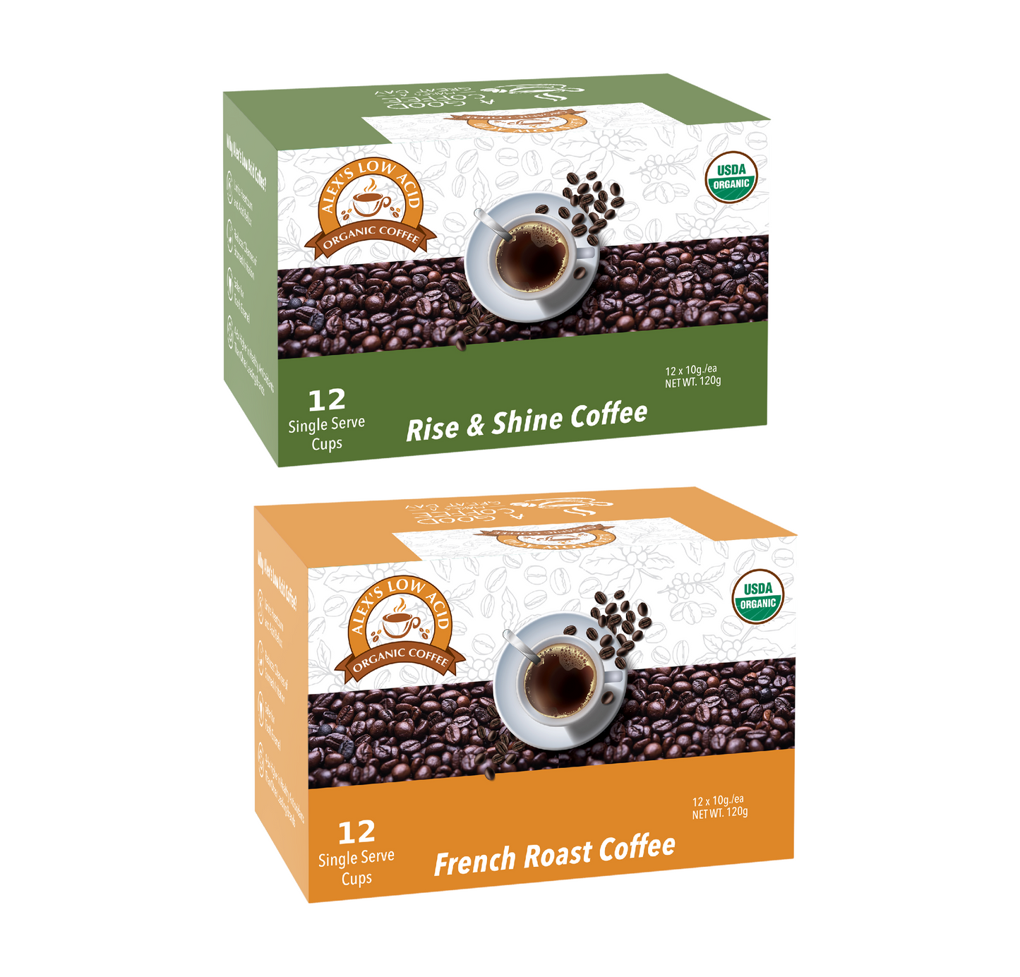 Two boxes of Alex's Low-Acid Organic Coffee™ Caffeine Fiend K-Cup Variety Pack by Alex's Low Acid Coffee: one green-labeled Rise & Shine and one orange-labeled French Roast, both with a coffee cup and beans on the front.