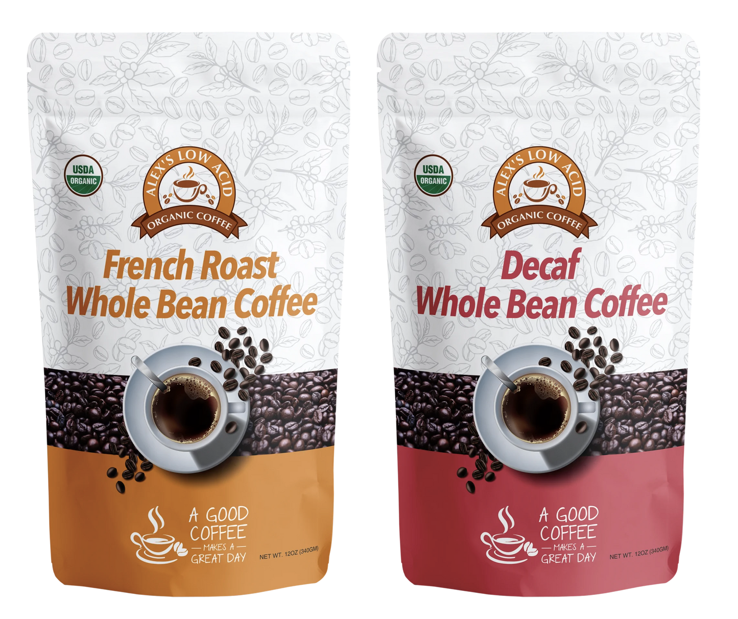 Alex's Low Acid Coffee Whole Bean Variety Pack (12oz) includes French Roast in brown and Organic Decaf in red, both with a coffee cup image and USDA Organic label, showcasing their smooth, low-acid flavor.