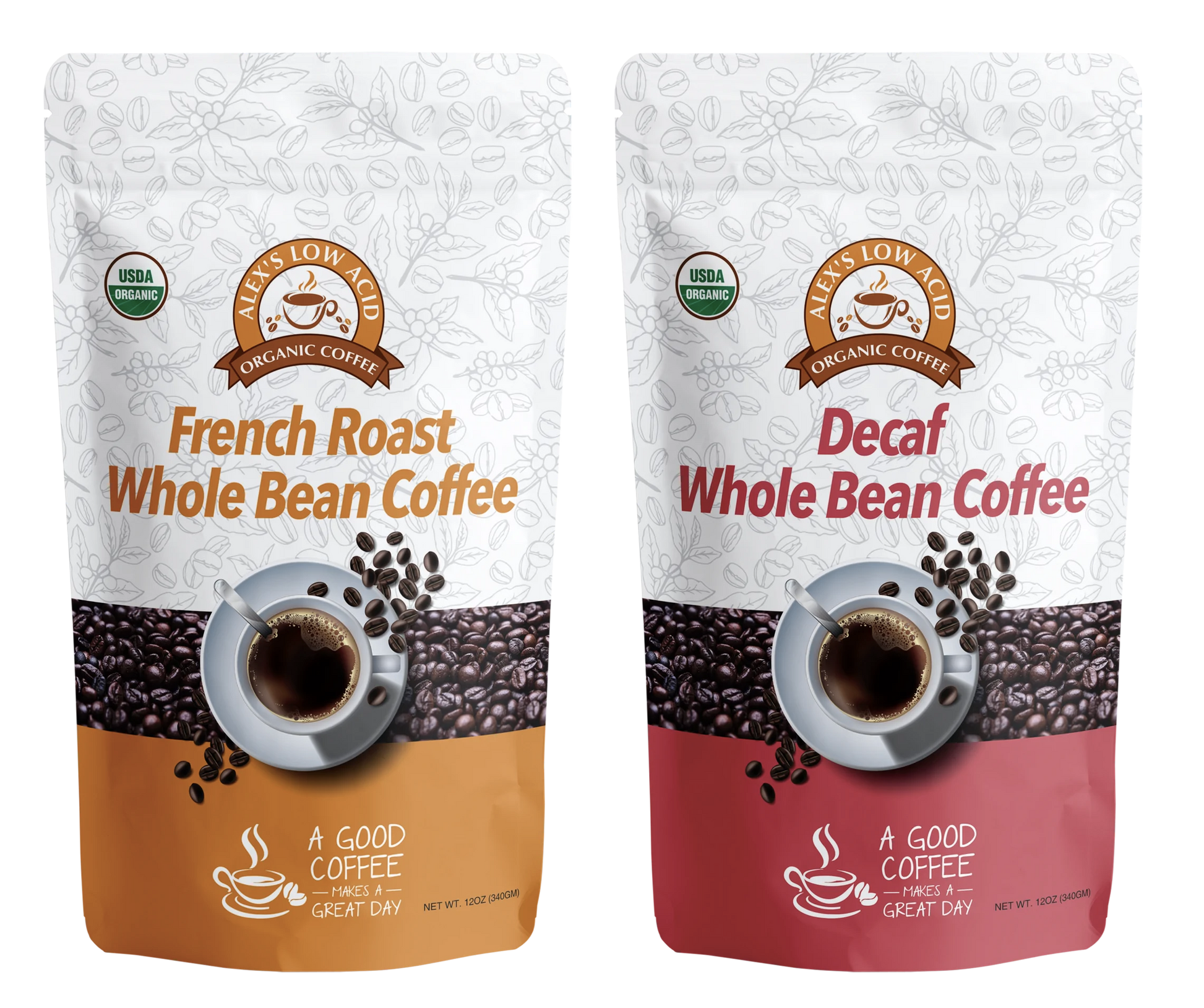 Alex's Low Acid Coffee Whole Bean Variety Pack (12oz) includes French Roast in brown and Organic Decaf in red, both with a coffee cup image and USDA Organic label, showcasing their smooth, low-acid flavor.