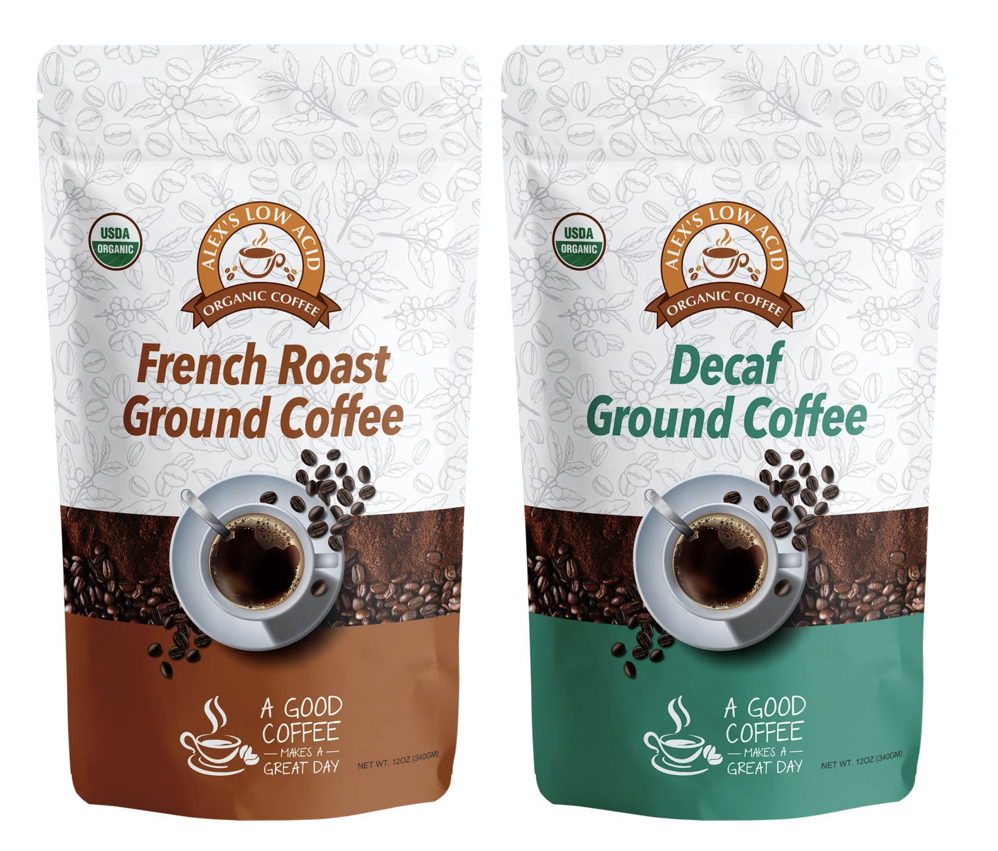 Two bags of Alex's Low Acid Coffee are shown: a brown French Roast Ground and a green Decaf, both labeled for heartburn relief with USDA Organic logos. This is the 12oz Fresh Ground Variety Pack from Alex's Low-Acid Organic Coffee™.