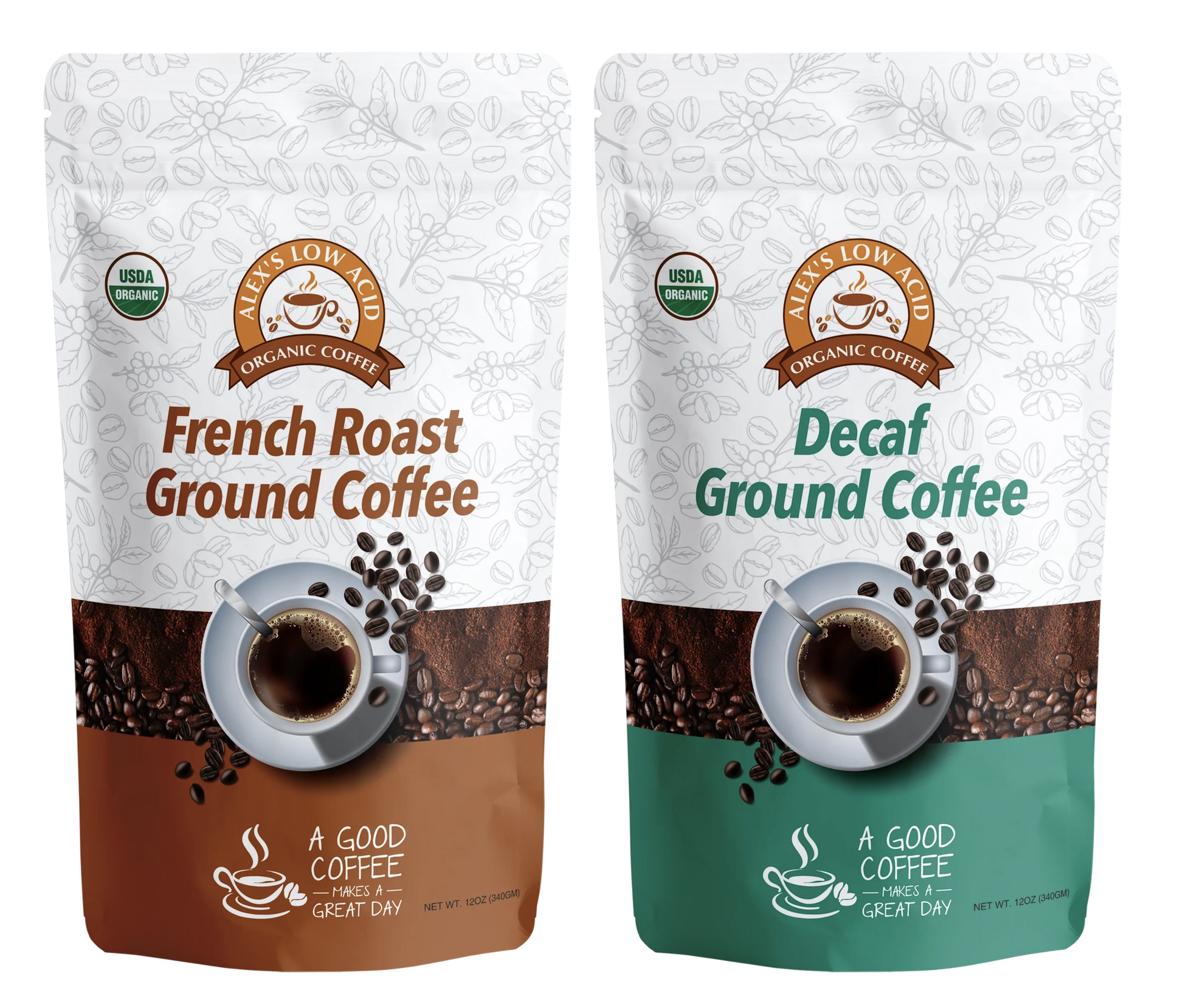 Two bags of Alex's Low Acid Coffee are shown: a brown French Roast Ground and a green Decaf, both labeled for heartburn relief with USDA Organic logos. This is the 12oz Fresh Ground Variety Pack from Alex's Low-Acid Organic Coffee™.