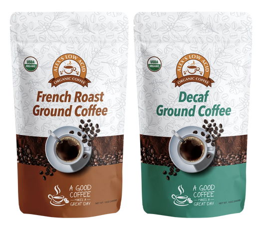 Two bags of Alex's Low Acid Coffee are shown: a brown French Roast Ground and a green Decaf, both labeled for heartburn relief with USDA Organic logos. This is the 12oz Fresh Ground Variety Pack from Alex's Low-Acid Organic Coffee™.