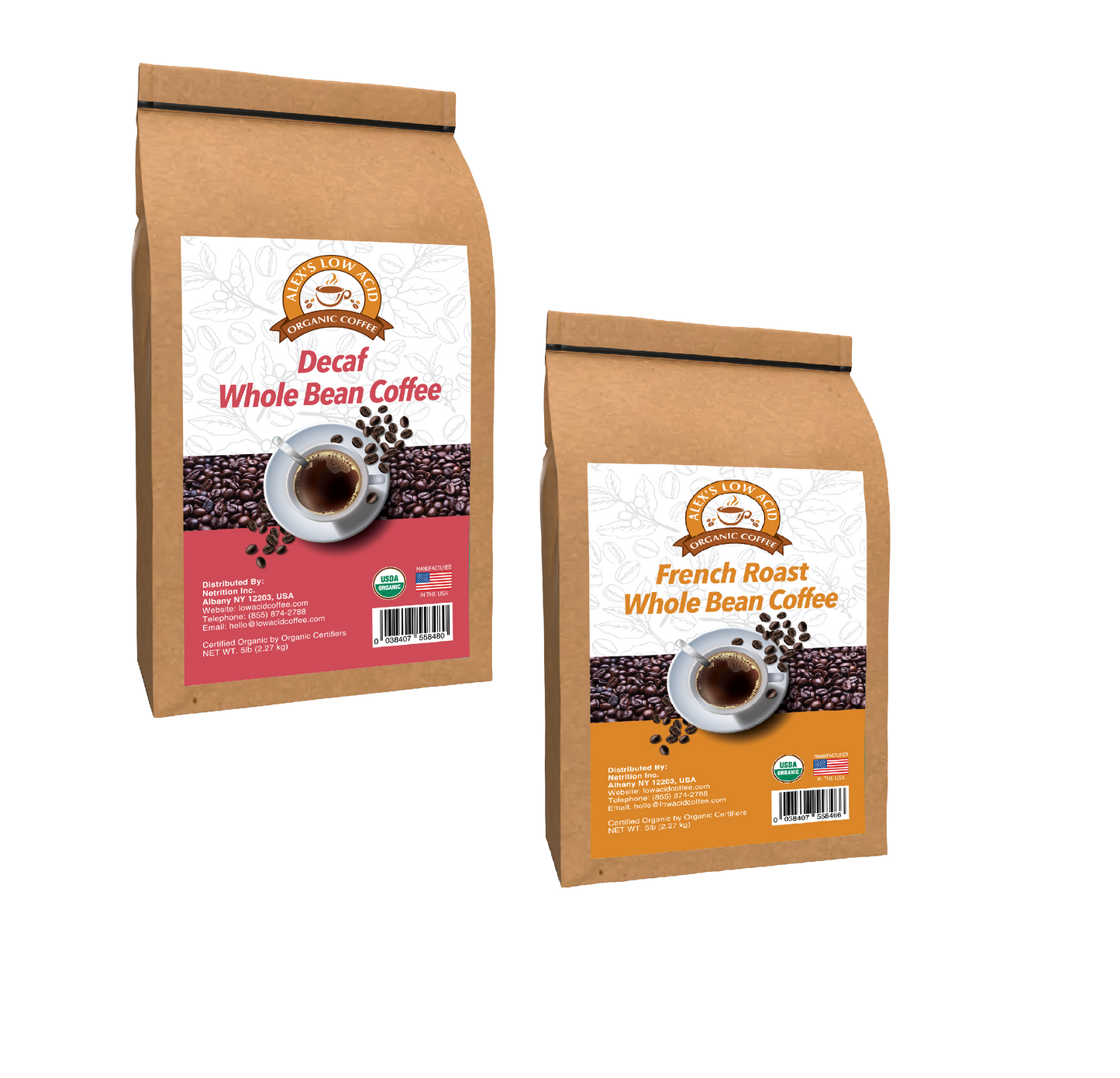Two brown bags of Alex's Low-Acid Organic Coffee™ Perfectly Prepared Host 5lb Whole Bean Variety Pack by Alex's Low Acid Coffee are shown, labeled Decaf (red label) and French Roast (orange label), featuring a coffee cup image and organic certification.