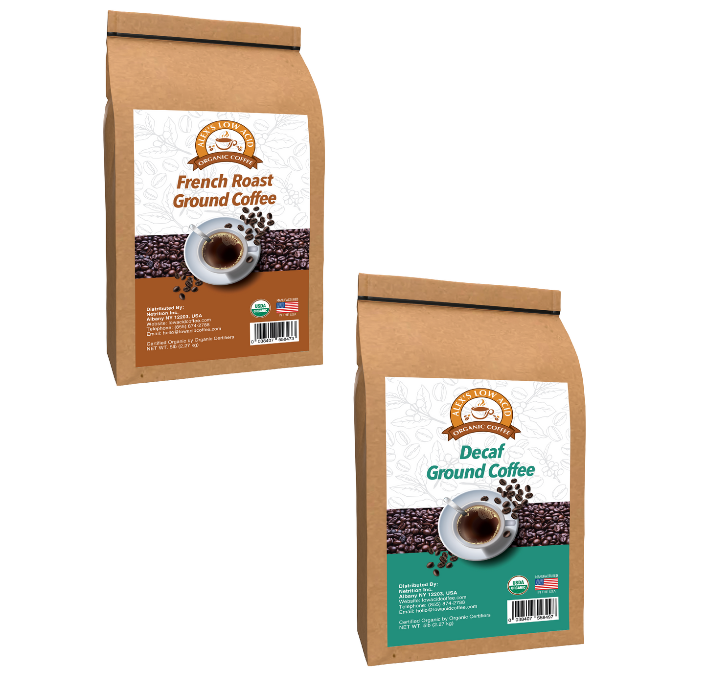 The Alex's Low-Acid Organic Coffee™ Perfectly Prepared Host 5lb Fresh Ground Variety Pack by Alex's Low Acid Coffee features robust French Roast and Decaf blends, with coffee cup and bean designs on each brown bag—ideal for variety seekers.