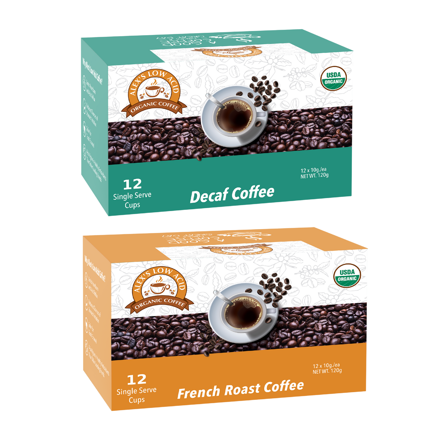 Enjoy two boxes from Alex's Low-Acid Organic Coffee™ Perfectly Prepared Host K-Cup Variety Pack—Decaf (green) and French Roast (orange)—both USDA Organic, featuring coffee cup designs and delivering smooth, organic coffee in convenient K-Cups.
