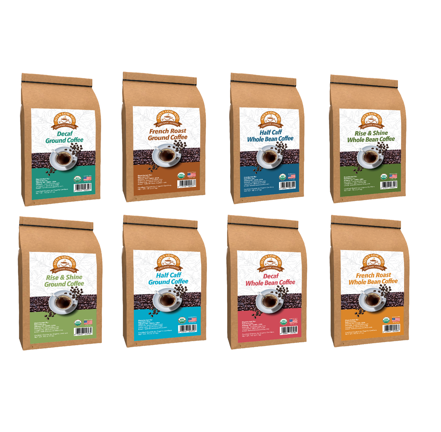 Eight brown bags of Alex’s Low-Acid Organic Coffee™ Ultimate 5lb Bag Variety Pack from Alex’s Low Acid Coffee, featuring assorted varieties in ground or whole bean, including organic and low-acid options with colorful labels and a coffee cup design.