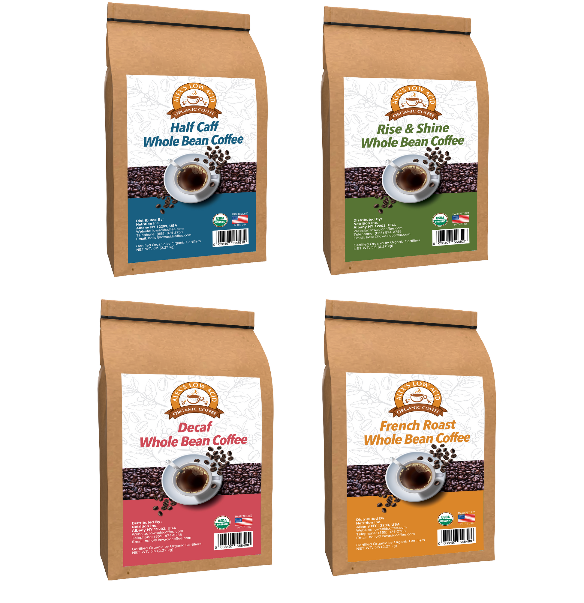 Alex's Low Acid Coffee 5lb Bag Whole Bean Variety Pack features four brown bags—Half Caff (blue), Rise & Shine (green), Decaf (red), and French Roast (orange)—each with a coffee cup graphic and organic certification.
