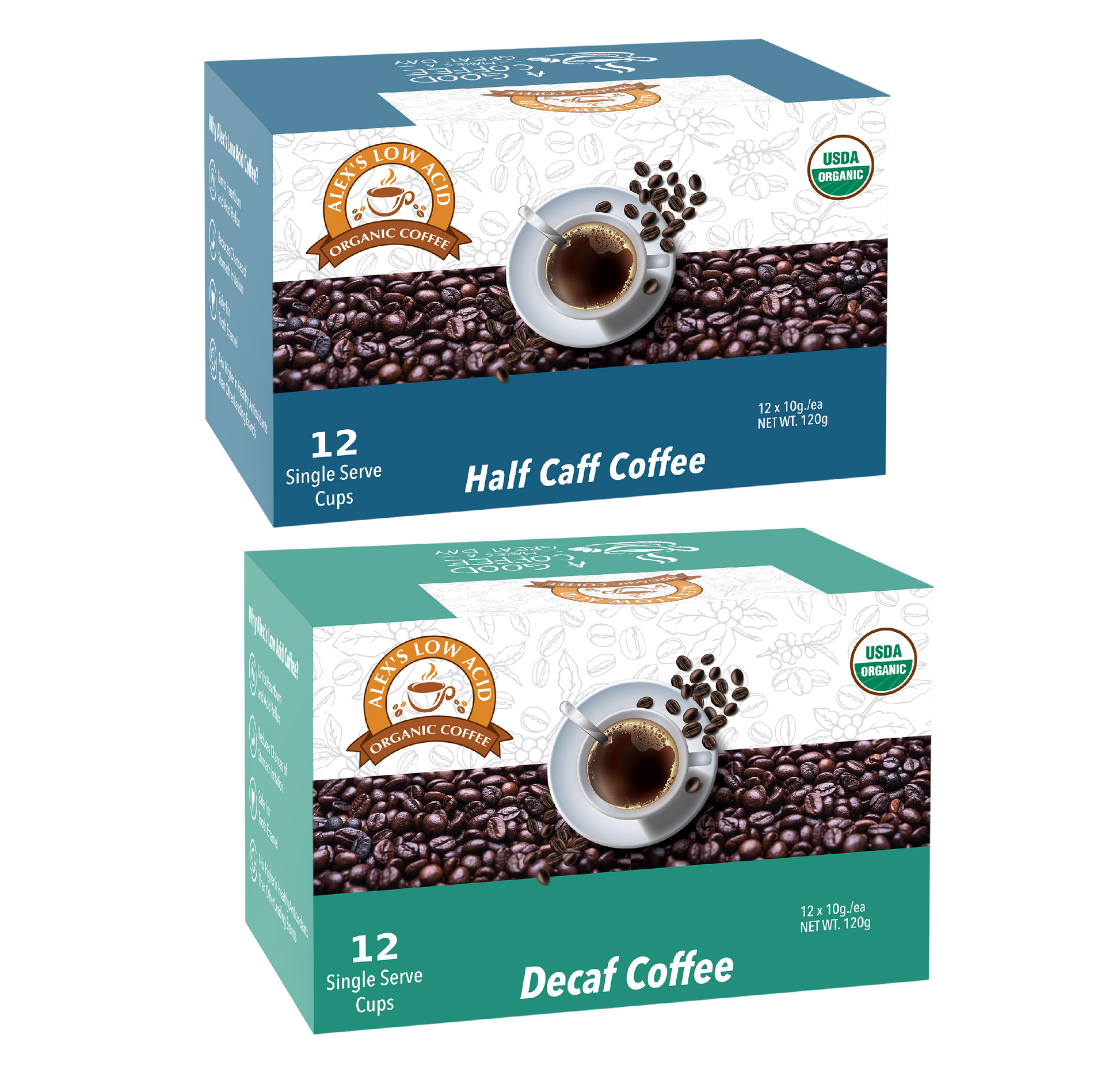 Two boxes of Alex's Low-Acid Organic Coffee™ Wind Down K-Cup Variety Pack by Alex's Low Acid Coffee. The top box is labeled Half Caff and the bottom Decaf, each with a coffee cup and beans on the packaging.