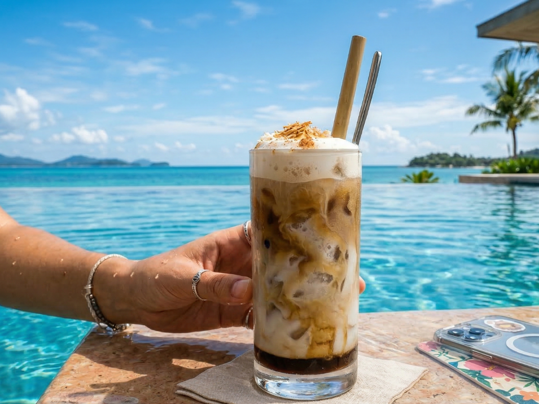 Hand holding an iced coffee with milk and foam by a poolside overlooking a tropical ocean view.