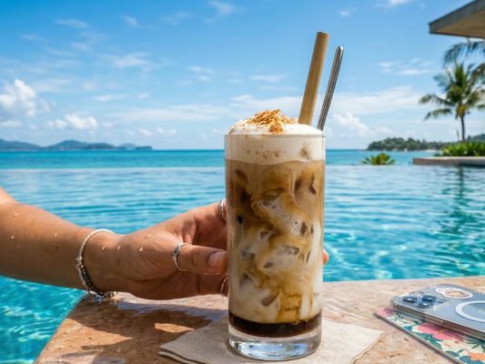 Hand holding an iced coffee with milk and foam by a poolside overlooking a tropical ocean view.
