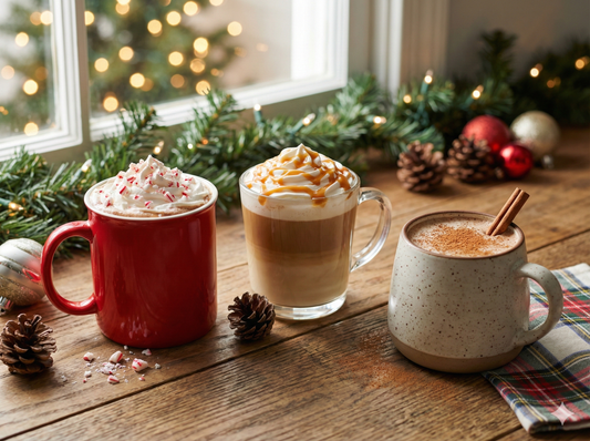 Festive holiday coffee at home made with low acid blends: peppermint mocha, caramel latte, and cocoa-coffee with Alex’s Low Acid Coffee