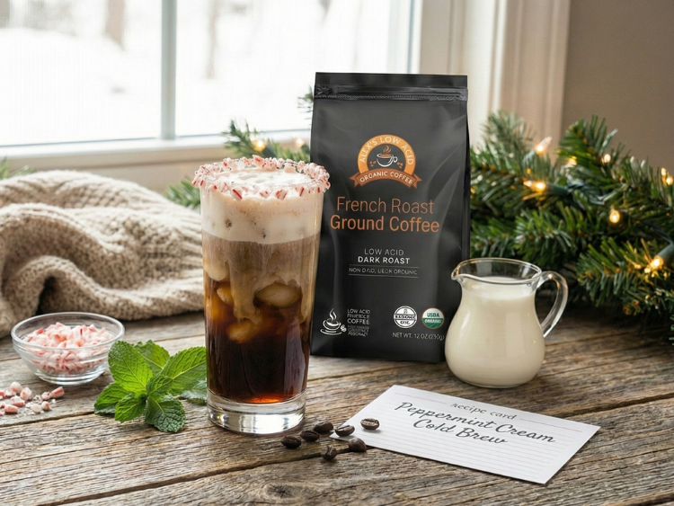 A glass of Peppermint Cream Cold Brew coffee topped with crushed peppermint sits on a wooden table next to a bag of French Roast coffee, a small pitcher of cream, and a recipe card, with festive greenery in the background.