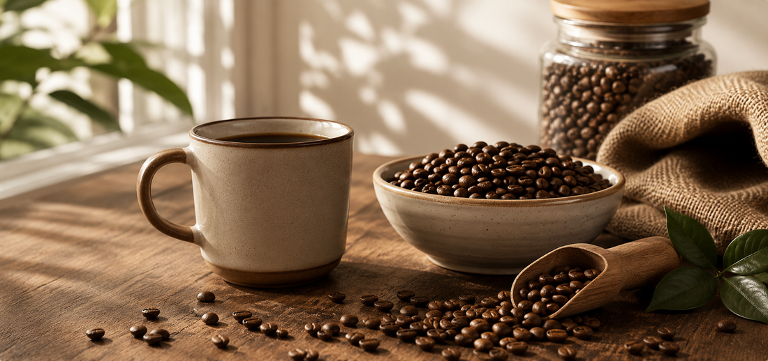 A warm cup of coffee sits next to a bowl of roasted coffee beans, with scattered beans on a wooden table, illuminated by soft sunlight filtering through a window.