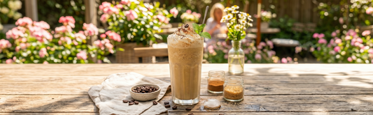 A tall glass of a creamy coffee smoothie topped with whipped cream and a mint leaf sits on a wooden table, surrounded by coffee beans, spices, and a vibrant garden of pink flowers in the background.