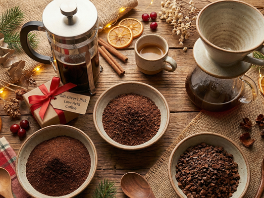 A top-down view of coffee beans in fine, medium, and coarse grinds with a French press, espresso cup, and drip coffee setup.