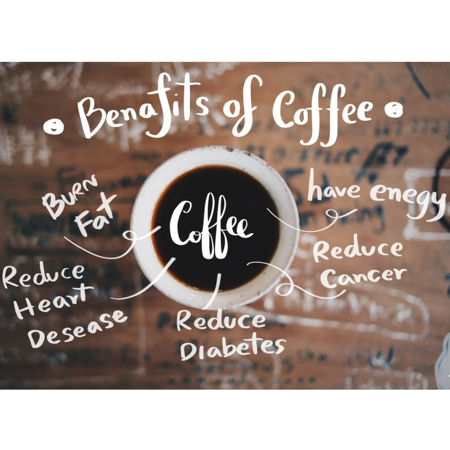 A top-down view of a cup of black coffee on a wooden table, with handwritten text highlighting the benefits of coffee, including energy boost, fat burning, and disease reduction.