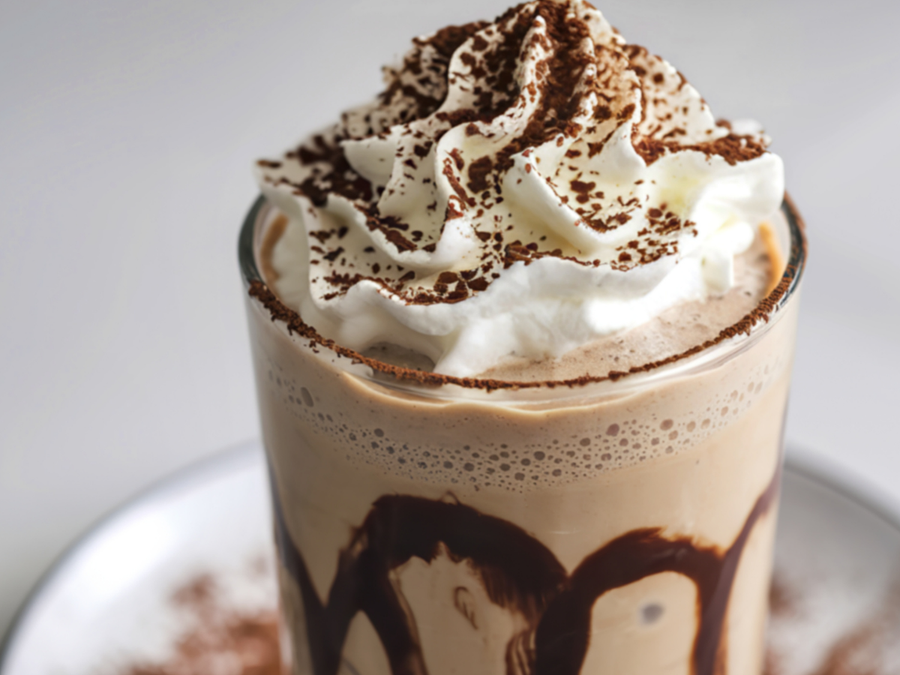 Creamy iced mocha in a clear glass with chocolate syrup swirls, topped with whipped cream and cocoa powder.