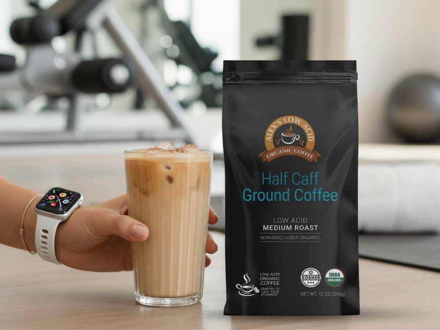 Person in the gym holding Iced Cinnamon Protein Latte made with Alex's Low Acid Coffee Half Caff 