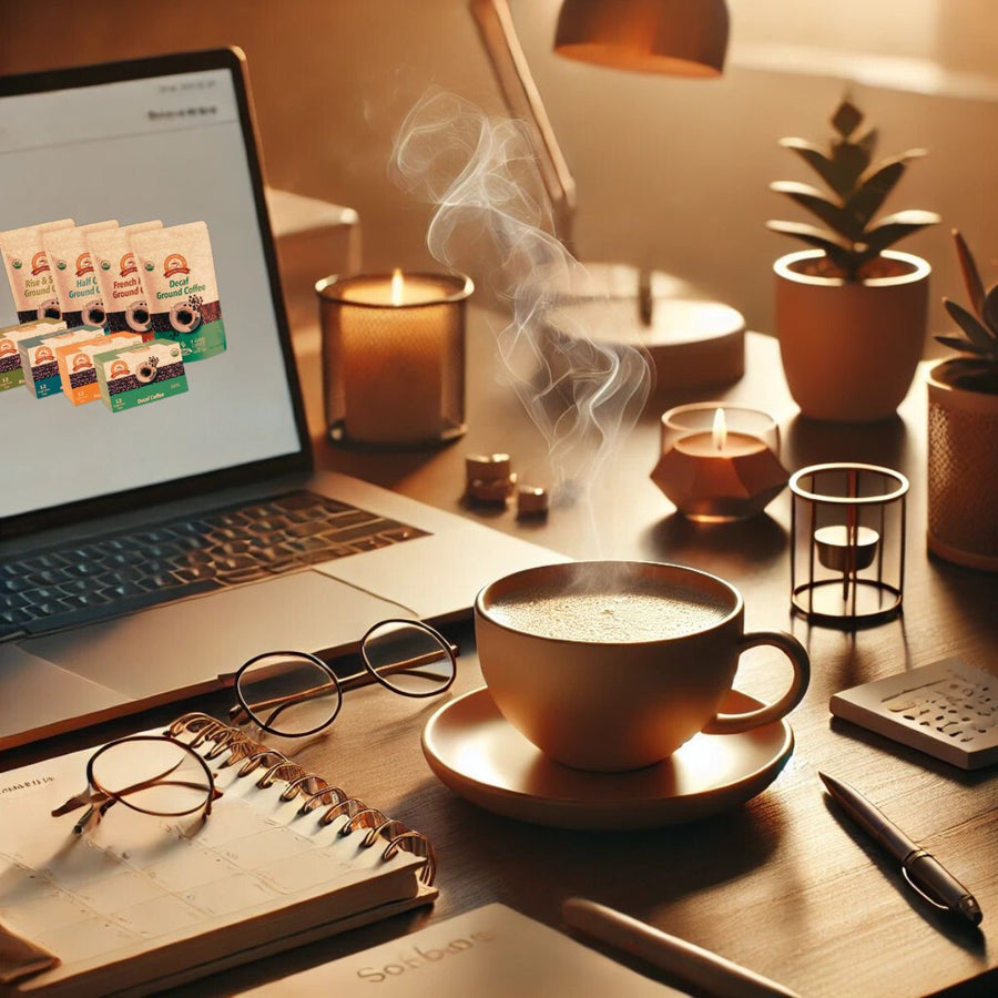 A steaming cup of coffee sits on a saucer next to glasses and a notebook, with a laptop displaying coffee packaging, surrounded by candles and small plants in a cozy workspace.