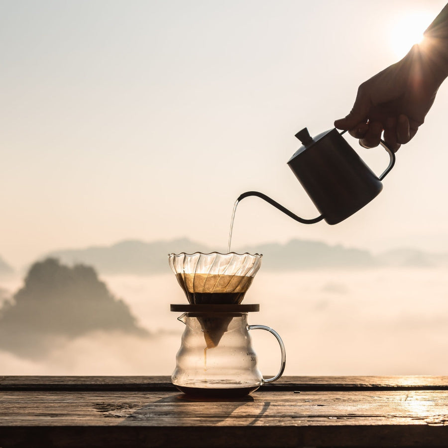 A hand pours hot water from a kettle into a coffee dripper positioned over a glass carafe, with a serene mountain landscape and soft morning light in the background.