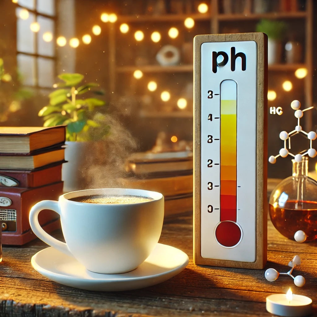 A steaming cup of coffee sits on a saucer next to a pH meter, with books and a decorative plant in a cozy, warmly lit room adorned with string lights.