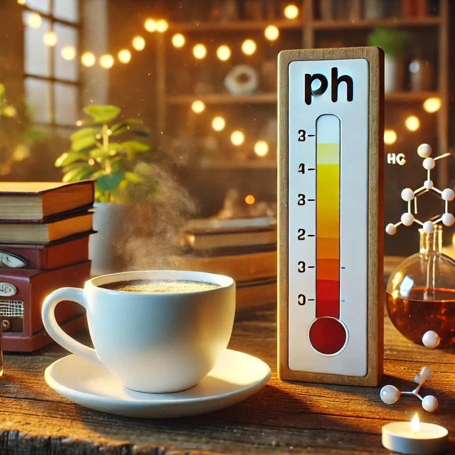 A steaming cup of coffee sits on a saucer next to a pH meter, with books and a decorative plant in a cozy, warmly lit room adorned with string lights.