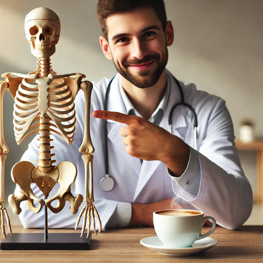 A smiling male doctor in a white coat points at a skeleton model while sitting at a wooden table with a steaming cup of coffee beside him.