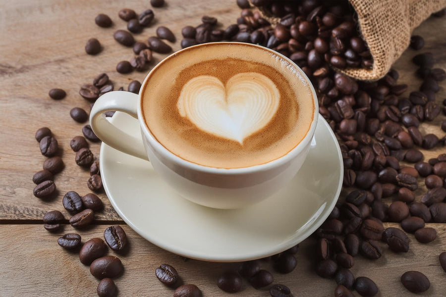 A white cup of coffee with a heart-shaped latte art sits on a saucer, surrounded by scattered coffee beans and a burlap sack of beans on a wooden surface.
