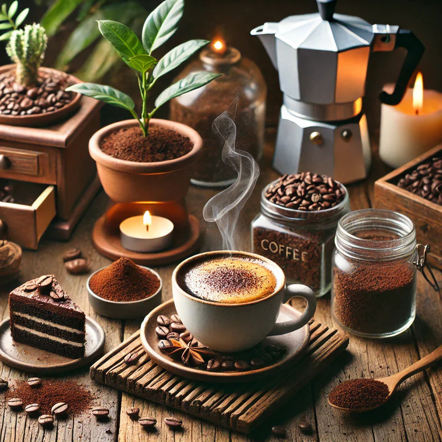 A steaming cup of coffee sits on a wooden coaster surrounded by coffee beans, a slice of chocolate cake, potted plants, and a moka pot, creating a cozy café-like atmosphere.