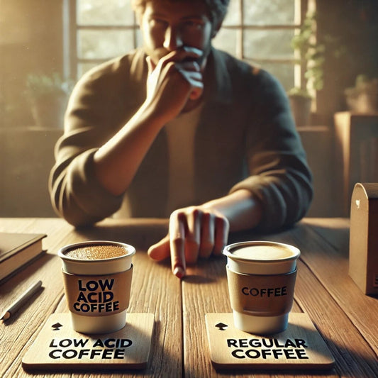A person sits at a wooden table, thoughtfully resting their chin on their hand, while two coffee cups labeled "Low Acid Coffee" and "Regular Coffee" sit in front of them in a cozy, sunlit setting.