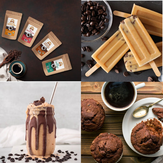 Four images feature coffee-related items: coffee bags and a cup, coffee-flavored popsicles, a chocolate-drizzled coffee shake, and chocolate muffins on a plate.