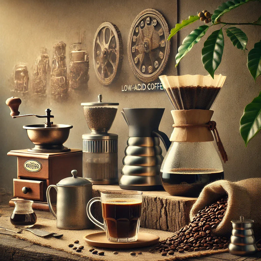 A rustic coffee setup features a vintage grinder, brewing equipment, a glass of brewed coffee on a wooden table, scattered coffee beans, and a plant, creating a warm, inviting atmosphere.