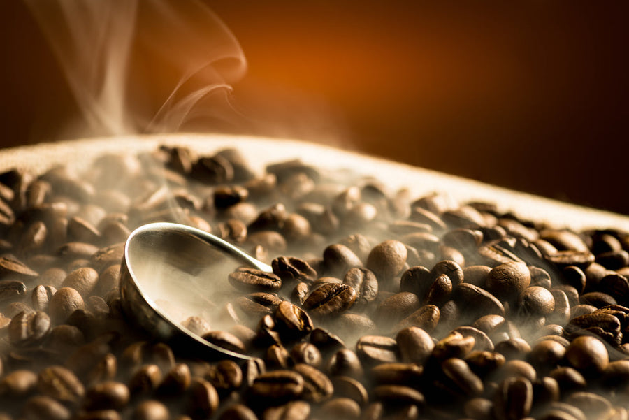 A silver spoon rests among freshly roasted coffee beans, with steam rising in the warm, softly lit background, creating an inviting atmosphere.