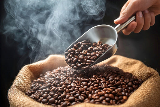 A hand holds a metal scoop above a burlap sack filled with steaming roasted coffee beans, creating a rich, aromatic atmosphere.