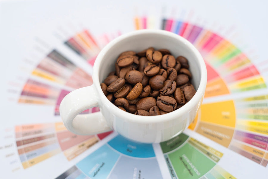Cup of low-acid coffee beside tasting notes and aroma wheel