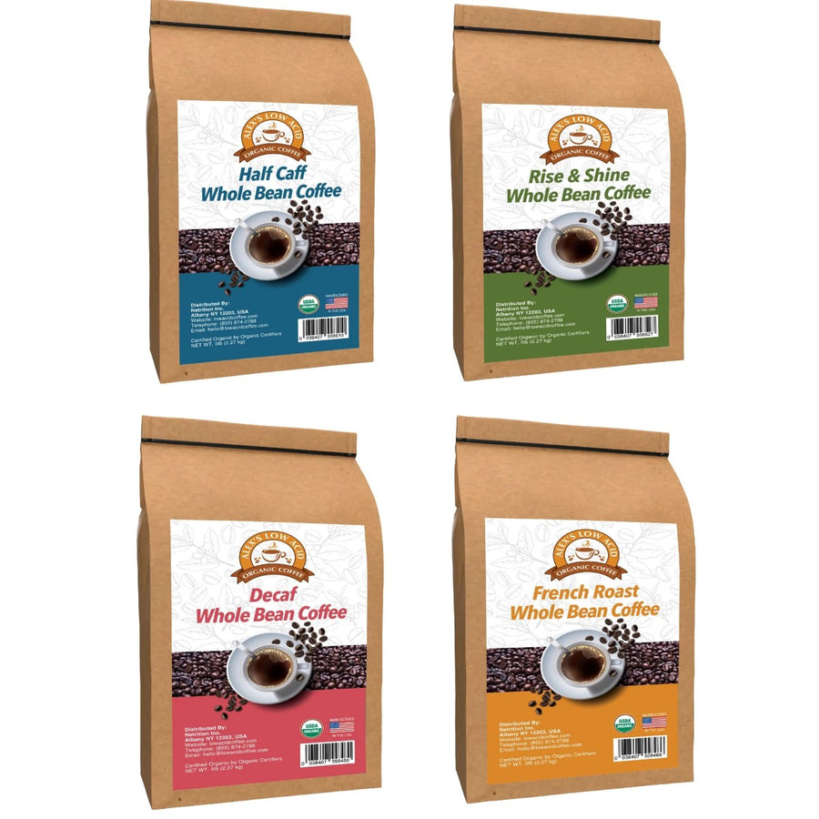 Four brown paper bags of whole bean coffee are displayed, labeled as "Half Caff," "Rise & Shine," "Decaf," and "French Roast," each featuring a coffee cup and beans in a simple design.