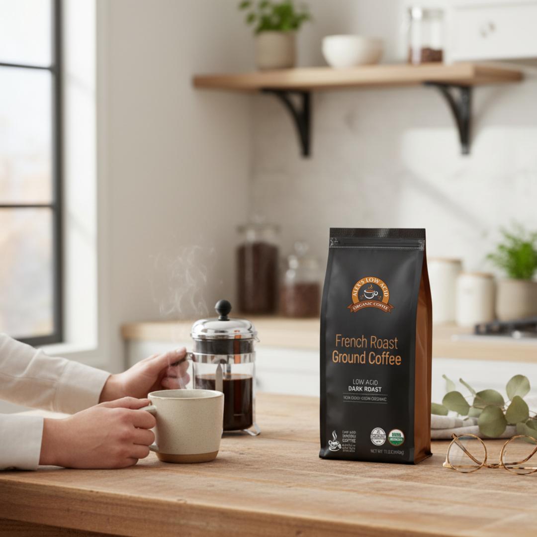 Alex's Low-Acid Organic Coffee™ - French Roast Fresh Ground (12oz)