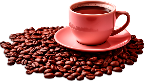 A pink coffee cup filled with dark coffee sits on a matching saucer, surrounded by a mound of roasted coffee beans against a black background.