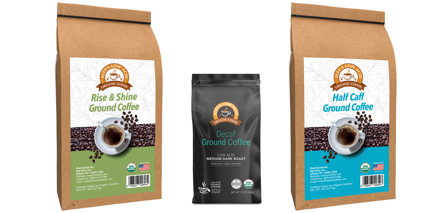Alex's Low-Acid Organic Coffee™ All Day Drinker Fresh Ground Variety Pack by Alex's Low Acid Coffee features three gentle, low-acid blends—ideal for those with acid reflux—each bag displaying a cup of coffee and beans on the label.