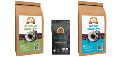 Alex's Low-Acid Organic Coffee™ All Day Drinker Fresh Ground Variety Pack by Alex's Low Acid Coffee features three gentle, low-acid blends—ideal for those with acid reflux—each bag displaying a cup of coffee and beans on the label.