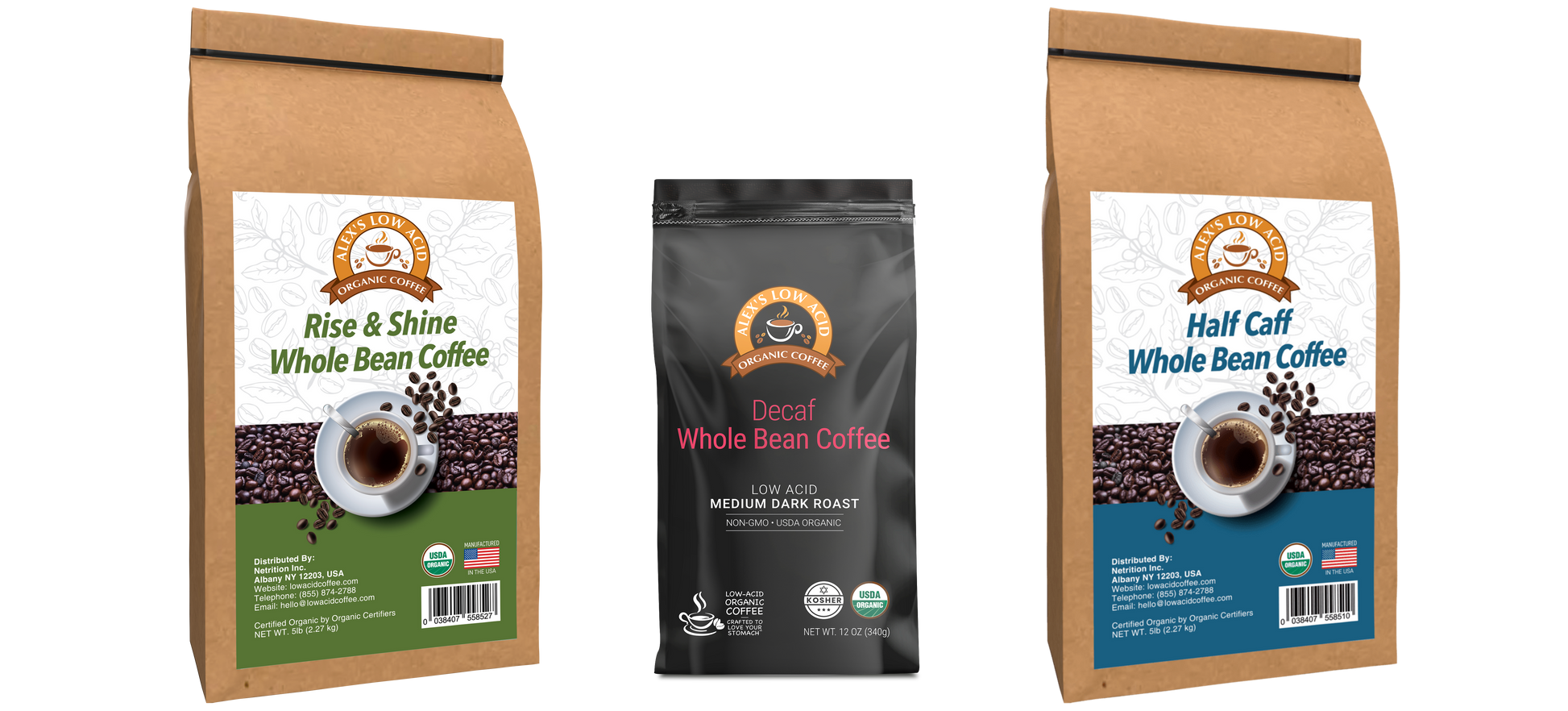 Alex's Low-Acid Coffee All Day Drinker Whole Bean Variety Pack includes “Rise & Shine,” “Decaf,” and “Half Caff”—a flavorful, low-acid coffee set featuring coffee cup and bean packaging from Alex’s Low Acid Coffee.