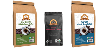 Alex's Low-Acid Coffee All Day Drinker Whole Bean Variety Pack includes “Rise & Shine,” “Decaf,” and “Half Caff”—a flavorful, low-acid coffee set featuring coffee cup and bean packaging from Alex’s Low Acid Coffee.