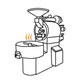 A coffee roasting machine is depicted, with steam and flames rising from the roasting chamber, showcasing its function in the coffee preparation process.