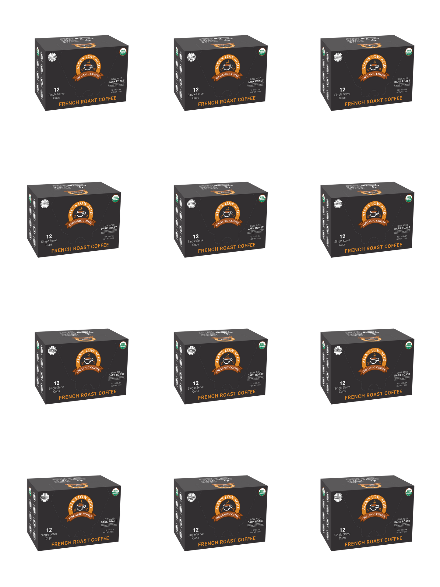 Twelve identical boxes of Alex's Low-Acid Organic Coffee™ Single Serve Cups - French Roast by Alex's Low Acid Coffee are displayed in a 4x3 grid. Each box shows a circular logo and bold orange text promoting this stomach-friendly coffee.