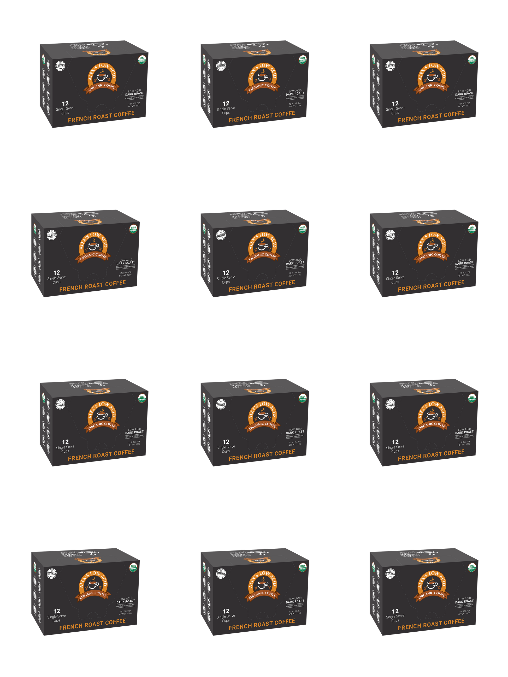 Twelve identical boxes of Alex's Low-Acid Organic Coffee™ Single Serve Cups - French Roast by Alex's Low Acid Coffee are displayed in a 4x3 grid. Each box shows a circular logo and bold orange text promoting this stomach-friendly coffee.