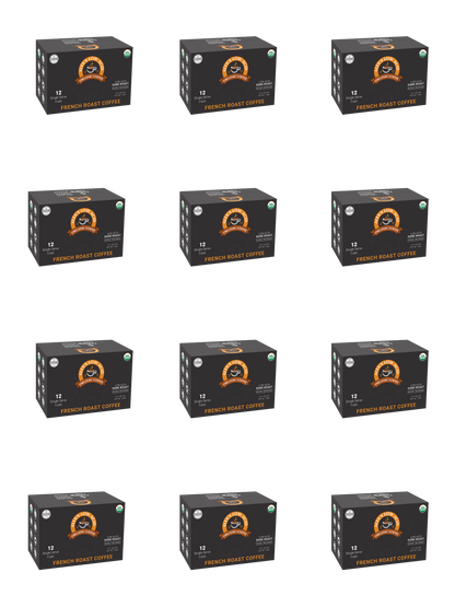 Twelve identical boxes of Alex's Low-Acid Organic Coffee™ Single Serve Cups - French Roast by Alex's Low Acid Coffee are displayed in a 4x3 grid. Each box shows a circular logo and bold orange text promoting this stomach-friendly coffee.